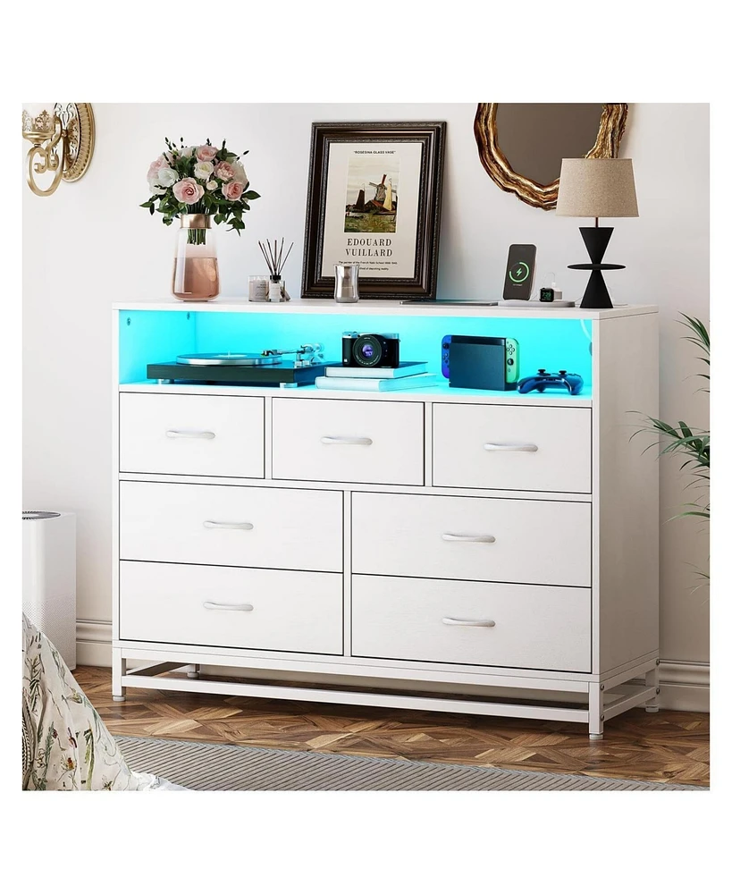 gaomon Modern 7-Drawer Dresser with Built-in Charging Station, Multifunctional Led Lights with 6000+ Colors, Scratch-Resistant & Water-Resistant Desig