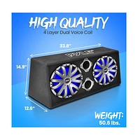 Pyle Dual Subwoofer Box System, 12'' Vented Enclosure, 1200W Max, Led Lights