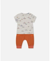 Deux par Baby Boys Organic Cotton Top And Muslin Pant Set Paper Boats Terracotta