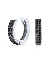 Bling Jewelry Black Pave Cz Cubic Zirconia Micro Pave 2 Row Huggie Hoop Earrings .925 Sterling Silver .30 inch Diameter