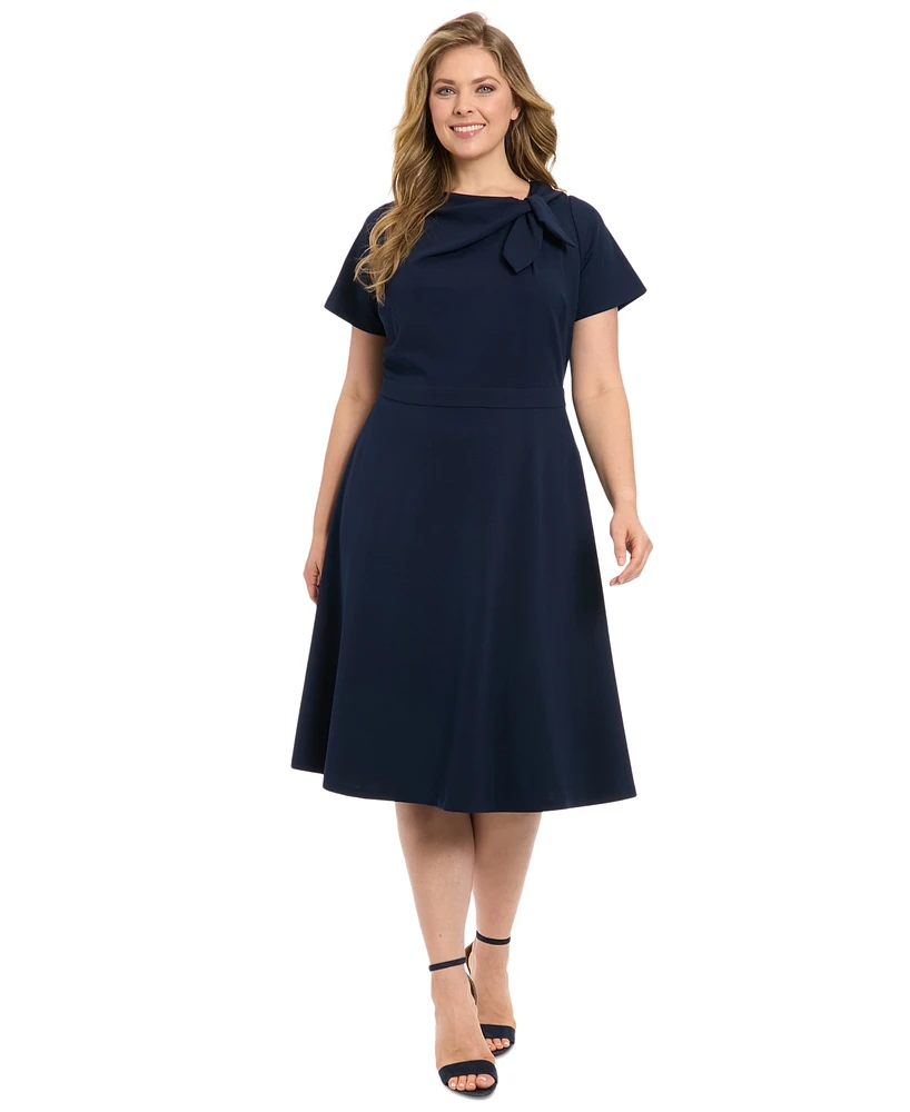 London Times Plus Tie-Neck Fit & Flare Dress