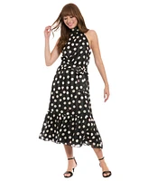 London Times Women's Petite Heart Print Halter Midi Dress