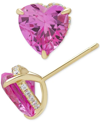 Macy's Lab Grown Pink Sapphire (2 ct. t.w.) Heart Hidden Halo Stud Earrings in 14K Gold Over Sterling Silver