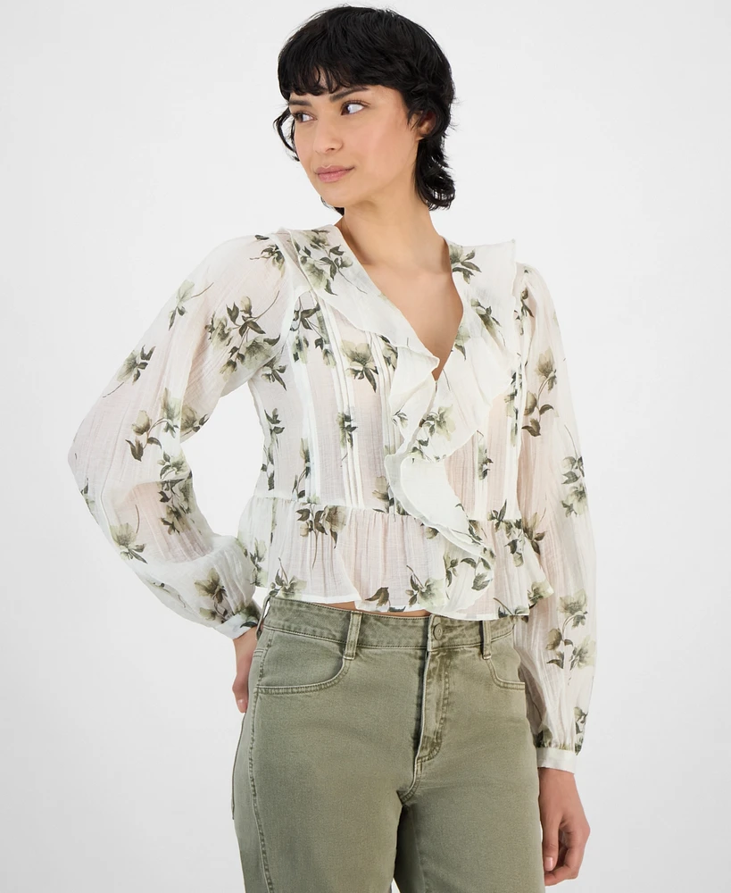And Now This Women's Floral-Print Ruffled Crinkle Top, Regualr & Petites, Exclusively at Macy's