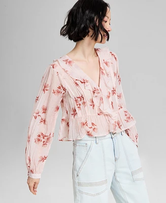 And Now This Petite Floral Print Ruffled Blouson-Sleeve Blouse, Exclusively at Macy's