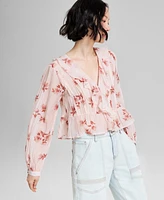 And Now This Petite Floral Print Ruffled Blouson-Sleeve Blouse, Exclusively at Macy's