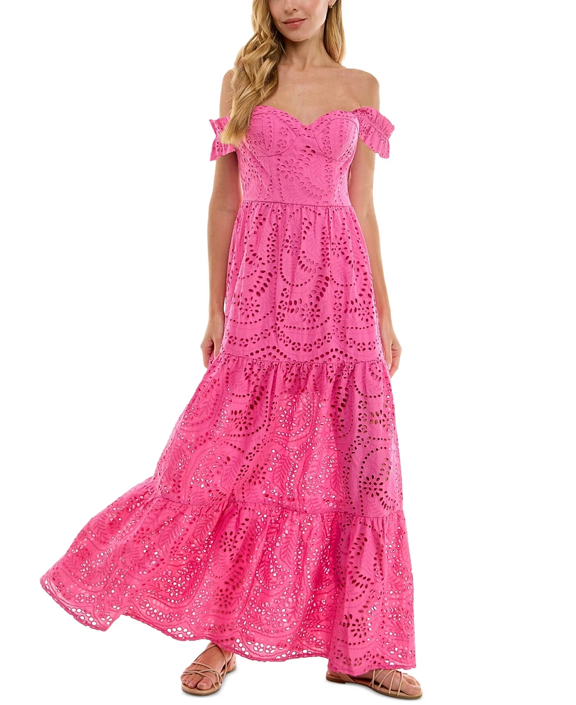 City Studios Juniors' Off-The-Shoulder Eyelet Maxi Dress