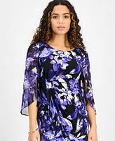 Connected Petite Floral-Print Cape-Sleeve Faux-Wrap Dress