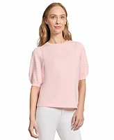 Jones New York Women's Stitch Puff Sleeve Crewneck Sweater