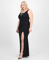 City Studios Trendy Plus Rhinestone-Trim V-Neck Sleeveless Gown