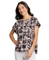 Jones New York Women's Printed Side-Button Short-Sleeve Top