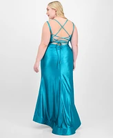 City Studios Trendy Plus Glitter Lace-Up Sleeveless Gown, Created for Macy's