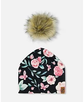 Deux par Deux Baby Girls Printed Jersey Detachable Pompom Hat Pink, Black, And Flowers