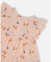 Deux par Baby Girls Printed Muslin Tunic And Organic Cotton Legging Set Peach With Pears Purple