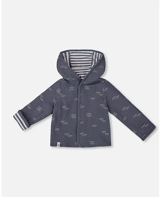 Deux par Baby Boys Reversible Organic Cotton Hooded Jacket Navy Striped Blue