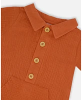 Deux par Baby Boys Short Sleeve Muslin Romper Terracotta