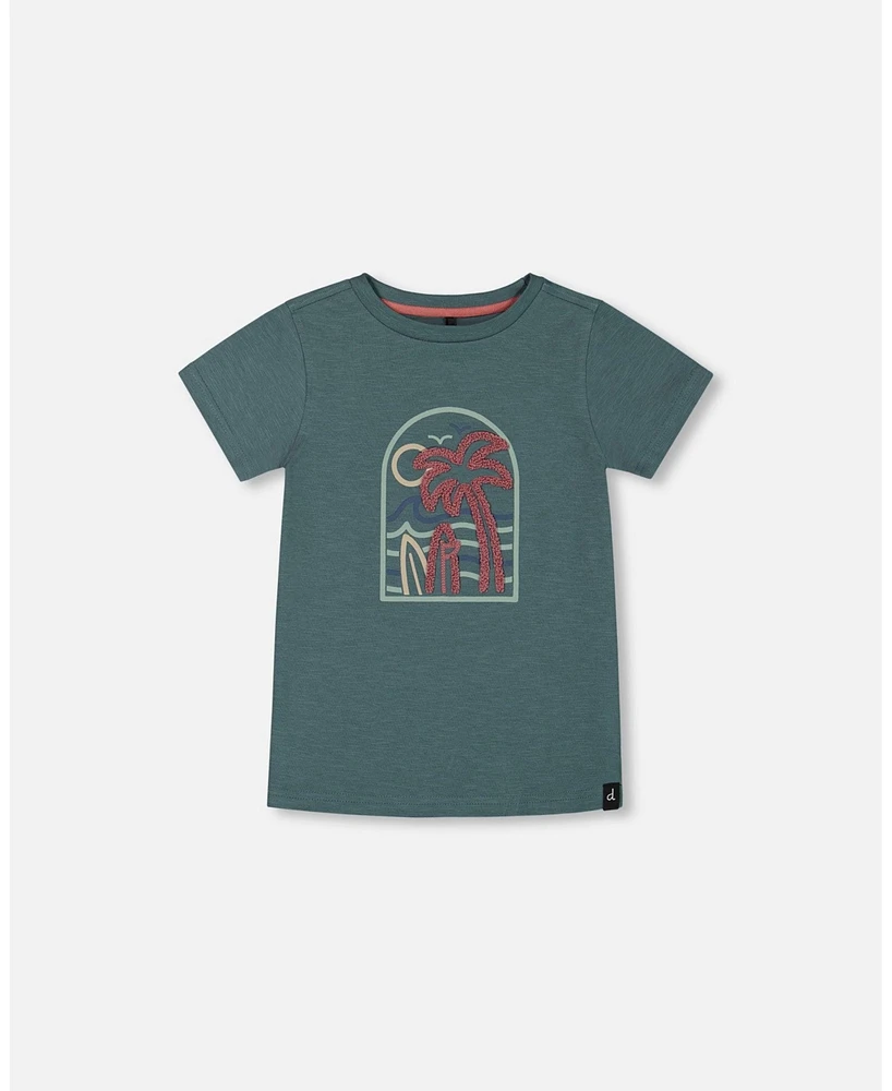 Deux par Baby Boys Short Sleeve Organic Cotton Graphic Tee Teal And Dark Old Rose