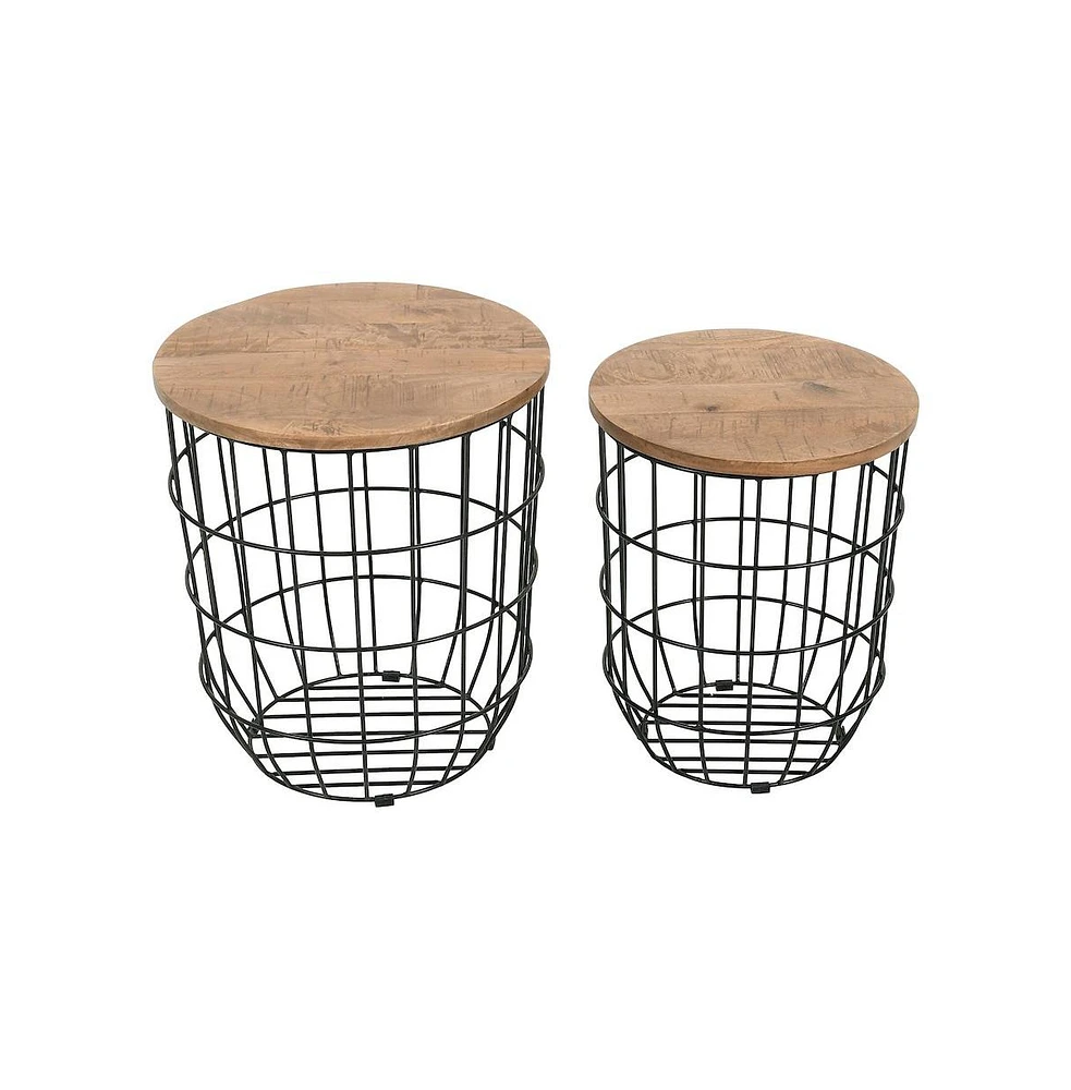 Jofran Global Archive Nested Storage Solid Wood and Metal Basket End Tables (Set of 2)