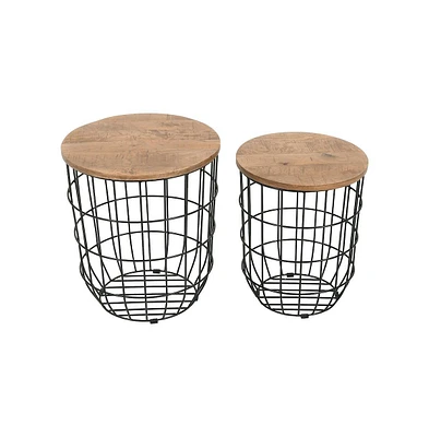 Jofran Global Archive Nested Storage Solid Wood and Metal Basket End Tables (Set of 2)