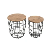 Jofran Global Archive Nested Storage Solid Wood and Metal Basket End Tables (Set of 2)