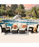 Xizzi Outdoor Furniture Patio Conversation Set 5 Pieces All Weather Wicker High Back Couch with Ottomans