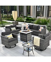 Xizzi Patio Furniture Set 6 Piece Outdoor Sectional Sofa with Rocking Swivel Chairs Square Fire Pit Table Loveseat All Weather Wicker Rattan Conve