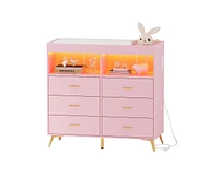 gaomon Dresser for Bedroom with 6 Drawers, Baby Changing Table Dresser with Changing Pad, Led Lights & Charging Station