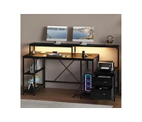 gaomon Computer Desk 63" with File Drawer, Gaming Desk with Led Light & Power Outlets, Home Office Desk with Printer Space