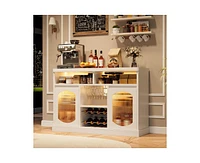 gaomon Modern Coffee Cabinet with Led Lights, White Bar Cabinet with 2 Glass Doors, Coffee Bar Cabinet with Adjustable Shelves