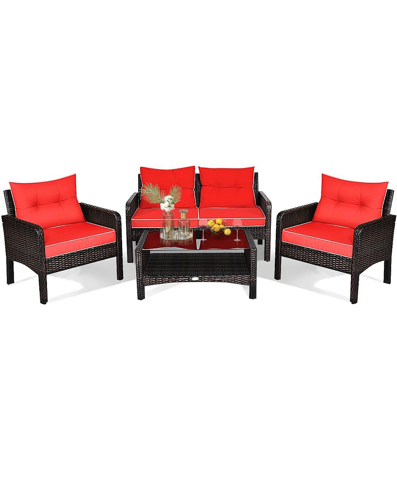 Gymax 4PCS Rattan Patio Conversation Set Red Cushioned Outdoor Furniture Set