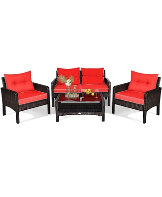 Gymax 4PCS Rattan Patio Conversation Set Red Cushioned Outdoor Furniture Set