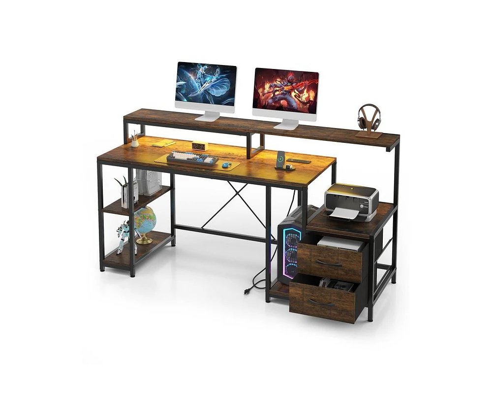 gaomon Computer Desk 63" With File Drawer, Gaming Desk With Led Light & Power Outlets, Home Office Desk With Printer Space