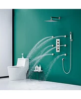 Boyel Living Brushed Nickel Luxury Led Thermostatic Shower System with 6 Body Jets Rain Ceiling Head Handheld Sprayer