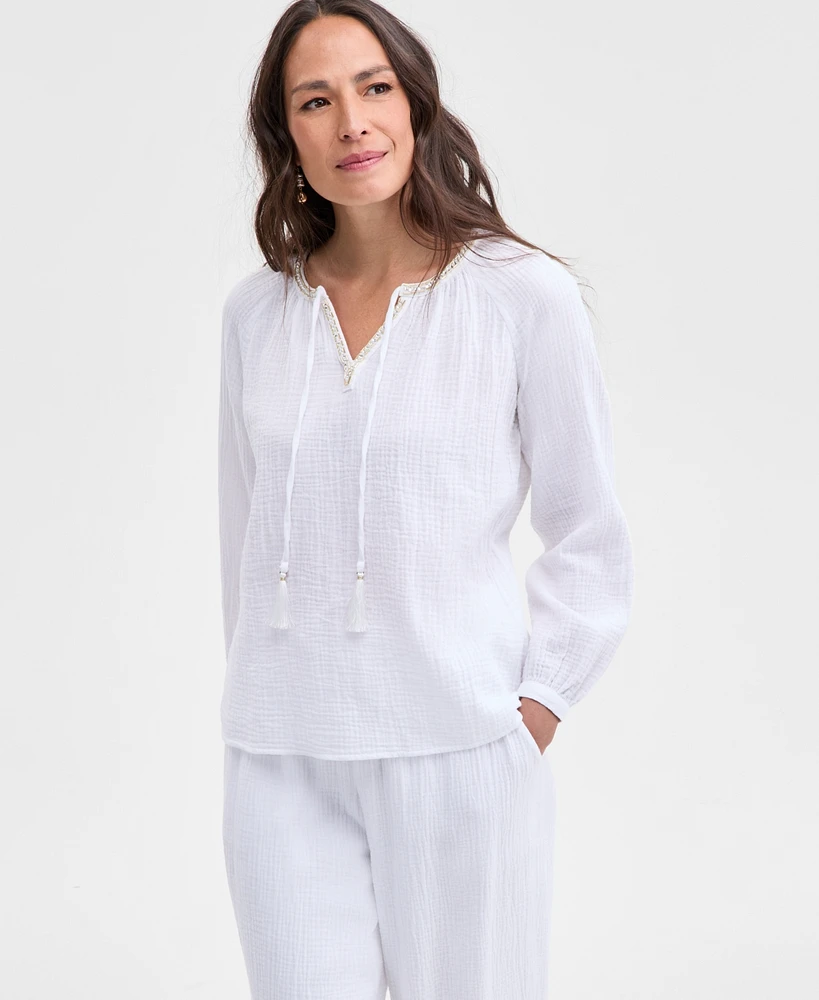 Jm Collection Women's Cotton Gauze Split-Neck Beaded Top, Exclusively at Macy's