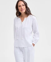 Jm Collection Women's Cotton Gauze Split-Neck Beaded Top, Exclusively at Macy's