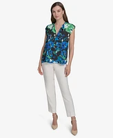 Halston Women's Split-Neck Printed Cap-Sleeve Top