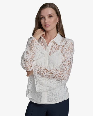 Halston Women's Collared Lace Button-Front Shirt