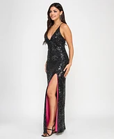 pear culture Juniors' Sequin Plunge-Neck Side-Slit Gown