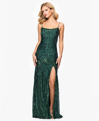 Blondie Nites Juniors' Sequined Cutout Lace-Up-Back Gown