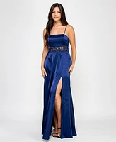 City Studios Juniors' Satin Floral-Inset Side-Slit Gown, Created for Macy's