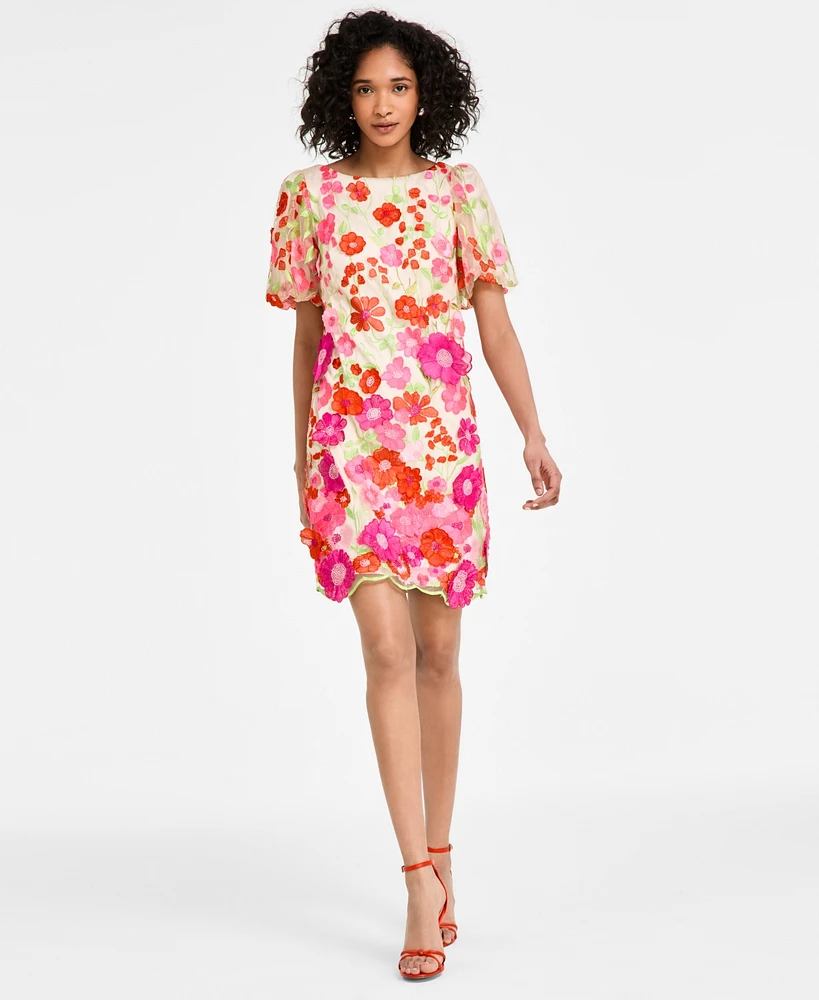 Eliza J Petite 3D-Floral Puff-Sleeve Mini Dress