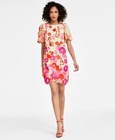 Eliza J Petite 3D-Floral Puff-Sleeve Mini Dress