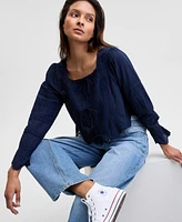 And Now This Women's Cotton Cropped Lace-Trim Top