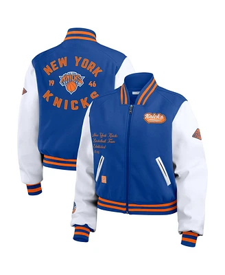 Wear by Erin Andrews Women's Blue/White New York Knicks Cropped Varsity Full-Zip Jacket