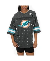 Gameday Couture Women's Anthracite Miami Dolphins Kickoff Time Allover Rhinestone Sports Stripe Jersey V-Neck T-Shirt