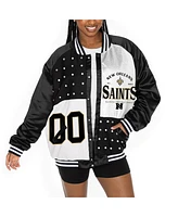 Gameday Couture Women's Black/White New Orleans Saints Oversized Hot Shot Rhinestone Throwback Full-Snap Varsity Bomber Jacket