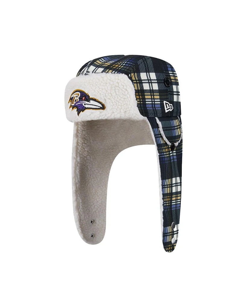 New Era Black Baltimore Ravens Sideline Plaid Sherpa Trapper Hat