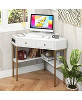 Gouun Triangle Corner Desk with Charging Station with 2 Drawers and Storage Shelf