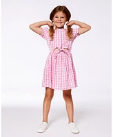 Deux par Big Girls Puff Sleeve Dress With Waist Tie Pink And White Checks