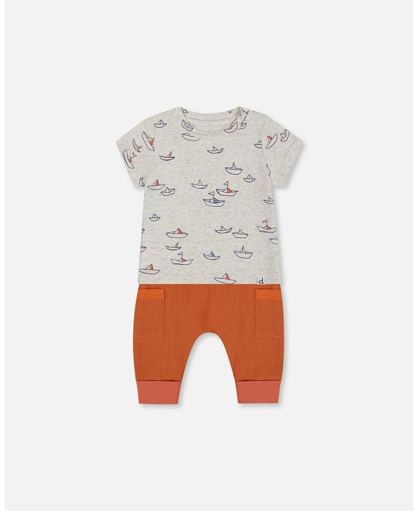 Deux par Baby Boys Organic Cotton Top And Muslin Pant Set Paper Boats Terracotta